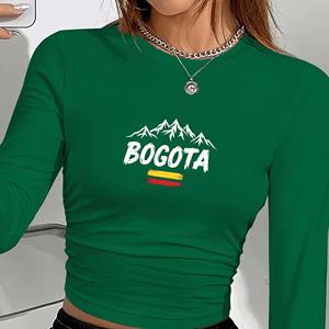 T-shirt à manches longues pour femme, style Y2K, avec imprimé de la montagne de Bogota et design du drapeau colombien, tricot en spandex et polyester, col rond - Product Image 6