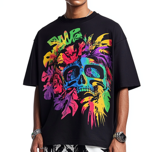 T-shirt tendance chic surdimensionné en coton doux imprimé à l'encre artistique vert néon noir, streetwear décontracté pour hommes - Product Image 6