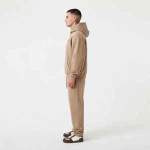 Ensemble de survêtement décontracté pour homme, couleur unie beige, avec capuche, coupe ample, coton, pantalon et sweat-shirt à cordon de serrage et poches - Product Image 4