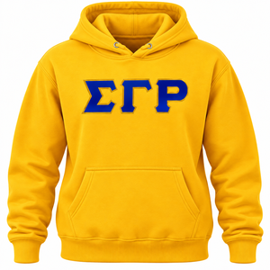 Sweat à capuche Sigma Gamma Rho jaune doré avec motif de lettres grecques en relief bleu roi sur la poitrine, poignets côtelés et poche kangourou - Product Image 3