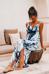 Robe maxi pour femme, bleu et blanc, tie-dye, écologique, lavable, manches courtes, été, plage - Product Image 5