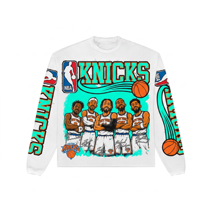 Camiseta de manga larga con estampado del equipo Knicks para hombre, informal, con cuello redondo, de algodón, corte regular, color blanco - Product Image 6