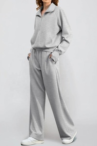 <b>Women's</b> Navy Hooded Maternity Solid Half Zip Tracksuit Set Long Sleeve Sweatshirt and Wide Leg Pants Casual 2 <b>Piece</b> Outfit - Product Image 4