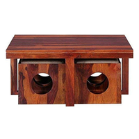 Table basse carrée en bois de teck sculpté à la main, style moderne, avec 4 tabourets, pour salon