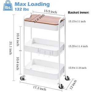 Modern Metal <b>Storage</b> <b>Cart</b> with Wooden Top 3-Tier Rolling Trolley for Kitchen Living Room Organization - Product Image 5