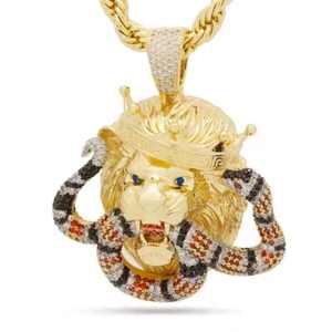 Collier Pendentif Serpent Royal Lion King Luxe Entièrement Sertie de Moissanite 10 Carats Plaqué Or VVS Style Hip-hop Argent Sterling - Product Image 1