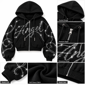 Custom Rhinestone <b>Cropped</b> <b>Zip</b> <b>Up</b> <b>Hoodie</b> Women Sparkle Streetwear Heavyweight Fleece Sweatshirt Wholesale B2B Supplier USA - Product Image 4