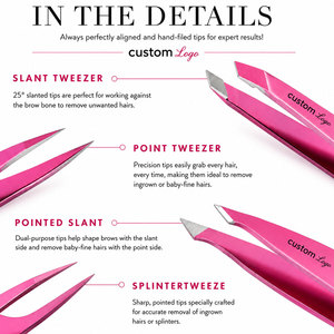 Pinzas de Precisión de Acero Inoxidable con Punta Inclinada en Color Rosa, Pinzas de Belleza para Depilación de Cejas - Product Image 3