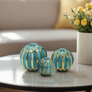 Juego de 3 Esferas Decorativas de Cerámica Art Deco, Diseño Geométrico Chapado en Oro, Adorno Artístico para Mesa de Salón - Product Image 2