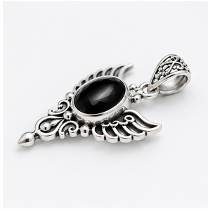 Black Onyx Silver Pendant, Sterling Silver Wing Pendant, Black Onyx <b>Necklace</b>, Gothic Angel Pendant, Statement Gemstone Jewelry - Product Image 1