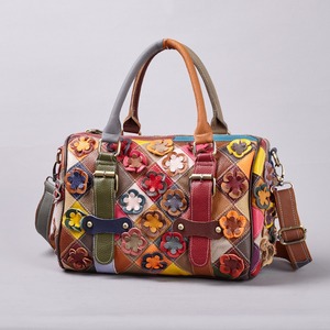 Ando Bag Genuine Cowhide <b>Leather</b> Floral Patchwork <b>Handbag</b> for Women Multicolor Boston Bag with Shoulder Strap - Product Image 2