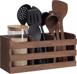 Rustic Wooden <b>Kitchen</b> Utensil Holder 3 Compartment Slatted Cutlery <b>Caddy</b> Rectangular Wood Silverware Organizer for Countertop - Product Image 1