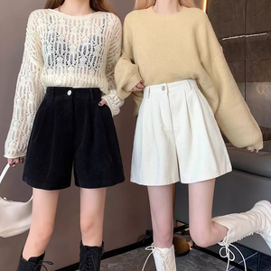 High Waisted White Corduroy <b>Shorts</b> <b>Women</b> Loose Fit Solid Color Button Fly Casual Pants <b>Short</b> Skirt Style Breathable Woven Fabric - Product Image 5