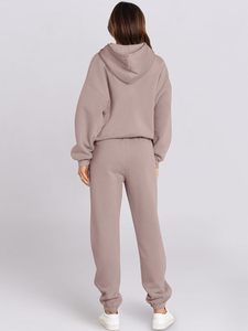 Women Hooded Tracksuit Cotton Fleece Loose Fit Solid Color Casual <b>Jogger</b> <b>Set</b> With Side Pockets Autumn Wear - Product Image 2