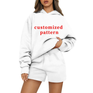 <b>High</b> Quality Custom Casual Women Regular Fit <b>Knee</b>-Length Polyester/Cotton Knitting Hoodie Shorts Set Heavy Fleece Summer Set - Product Image 3