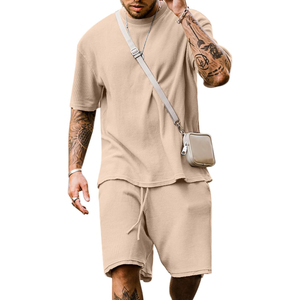 Conjunto de camiseta y pantalones cortos de algodón acanalado blanco para hombre, cuello redondo, informal, para verano, transpirable, de punto, color sólido - Product Image 4