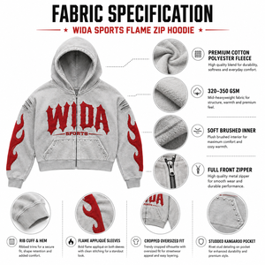 Sweat à capuche Wida Sports gris hiver surdimensionné avec fermeture éclair intégrale, respirant, avec applique flamme rouge et poches cloutées, streetwear unisexe en polaire - Product Image 6