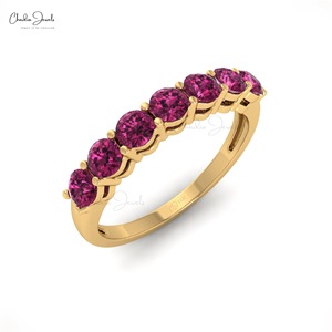 Bague demi-éternité en grenat rhodolite naturel de 3 mm à taille ronde avec anneau empilable en or fin 14 carats, bague à 7 pierres d'Inde - Product Image 1