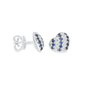 Vintage Heart Shape <b>Stud</b> Earrings with Round Brilliant Cut Diamonds Blue Stones IGI Certified in 925 <b>Silver</b> for Women's Party - Product Image 1