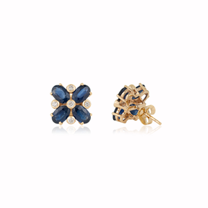 Boucles d'oreilles clous florales en or jaune 14 carats serties de saphirs bleus et de diamants, design inspiré de l'Art Déco, dernière collection, pour femmes, vente en gros, bijoux personnalisés - Product Image 5