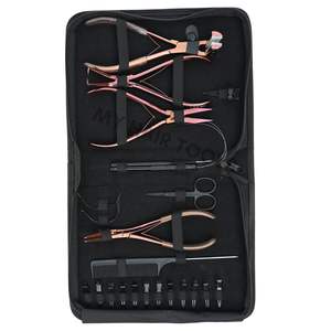 Black Hair Extension Tools Kit with Flat Crimping Plier Tape-In Applicator Pulling Loop <b>Hook</b> Tool Parting Finger Sectioning <b>Clip</b> - Product Image 1