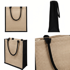 Sac fourre-tout en jute laminé bio avec logo personnalisé, design bicolore élégant, fermeture éclair avec fenêtre en PVC, sac de shopping réutilisable et écologique - Product Image 5