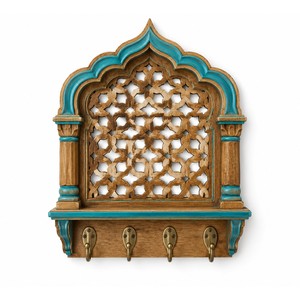 Jharokha Jali de madera de mango artesanal con soporte para llaves, turquesa, venta al por mayor, India - Product Image 1