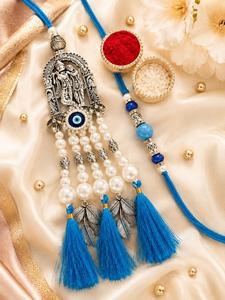 Ensemble de Rakhi traditionnel de créateur avec perles, pompons et décorations festives pour les cadeaux de Diwali - Product Image 2
