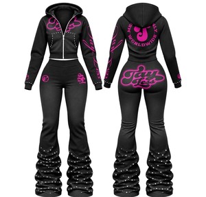 Ensemble de survêtement personnalisé délavé à l'acide 2026 pour femme – Ensemble deux pièces avec veste à capuche zippée à manches longues et pantalon évasé - Product Image 1