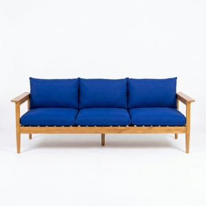 Canapé 3 places en teck massif avec coussins bleu roi, canapé de salon, canapé en bois artisanal, mobilier de salon moderne - Product Image 1