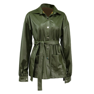 Women's Olive Green Sheep Skin Quick Dry Jacket with Belted Waist Wrap Style Full Sleeve Turn Down Collar Winter Wear - Product Image 3