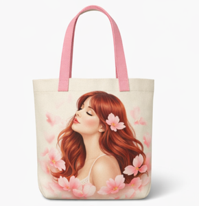 Canvas Tote <b>Bag</b> With Red Haired Woman And Pink Flowers Design <b>Medium</b> Size Daily Use Handheld Shopping <b>Bag</b> - Product Image 4