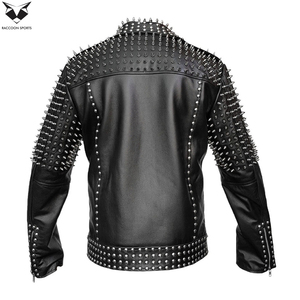 2026 Slim Fit Premium Quality Easy Wear Comfortable Handmade Genuine Leather Stand Collar Front Logo <b>Studded</b> Jacket <b>Men</b> Raccoon - Product Image 4