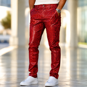 Pantalon en cuir pour homme fait main, motif serpent rouge |   Jeans à imprimé python |   Pantalons à motifs exotiques |   Pantalon de mode pour homme - Product Image 5