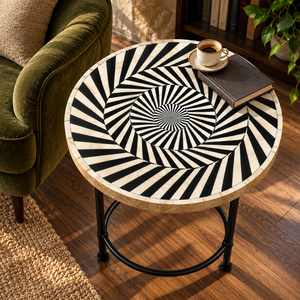 Optical Round Centre <b>Table</b> with Resin Inlay | MDF Top <b>Black</b> Iron Frame Modern Artistic Luxury Designer <b>Living</b> <b>Room</b> Accent - Product Image 2