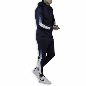 Men's Navy Blue Hooded <b>Tracksuit</b> Color Blocking Full Length Sweatshirt Jogger Set Casual Wear Breathable Polyester Autumn Outfit - Product Image 5