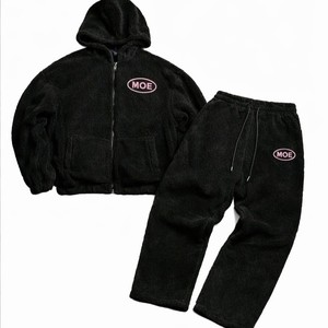 Conjuntos de chándal de forro polar Sherpa negro personalizados, sudadera con capucha y cremallera, pantalones jogger, chándal de forro polar afelpado unisex con cremallera, ropa de calle de invierno OEM - Product Image 3