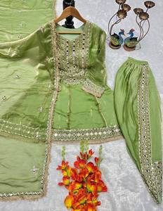 Ensemble Kurta Palazzo Dupatta vert olive pour femmes, avec travail miroir, costume traditionnel Salwar pour mariage - Product Image 2