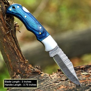 Wholesale Best Quality Damascus Steel Clip Point Pocket Knife EDC Razor Sharp 0.5mm Blade Back <b>Lock</b> Folding Leather Pouch - Product Image 4