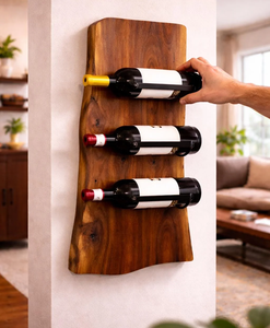 Porte-bouteilles mural en bois rustique fait main, forme rectangulaire, accessoire de bar pour les fêtes - Product Image 1