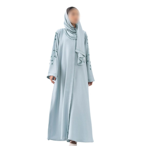 Women Light Blue Abaya With Embroidery Long Sleeve Floor Length Modest Dress Middle East Style Daily Wear Polyester <b>Material</b> - Product Image 1