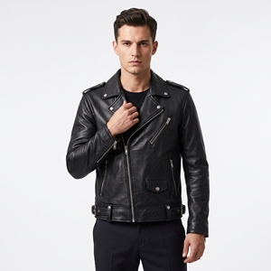 Dumela Men's Black Genuine Leather Canvas Motorcycle Jacket <b>Slim</b> Fit Stand Collar Zipper Closure <b>Belted</b> Design Solid Color - Product Image 3