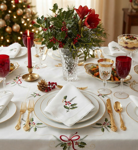 Vente en gros de houx brodé en coton blanc personnalisé Serviette de table de Noël avec ourlet Serviettes de table Maison Hôtel Événements Vacances - Product Image 1