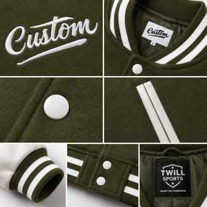 Custom Letter Print Windproof Breathable Wool/Polyester Varsity Jacket Men Olive Green PU Sleeve Casual Winter <b>Covered</b> <b>Button</b> - Product Image 5