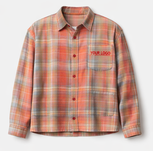 Chemise en flanelle à carreaux courte pour homme, style vintage délavé, manches longues, en coton tissé, décontractée - Product Image 1