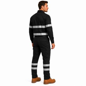 Men's <b>Black</b> Reflective Workwear Set Full Sleeve Shirt Cargo <b>Pants</b> with Safety Stripes Regular Fit Autumn Casual Wear - Product Image 6