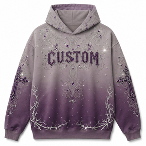 Sweat-shirt à capuche surdimensionné pour homme avec croix gothique en strass personnalisés, imprimé violet, tricoté, style streetwear automne - Product Image 1