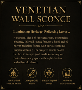 Aplique de Pared de Lujo Estilo Barroco Veneciano con Detalles de Espejo Ornamentados, Marco Decorativo de Latón, Luz de Vela de Cristal y Elabora Decoración - Product Image 3