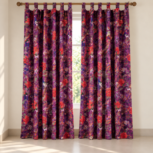 Rideaux en velours à imprimé oiseaux violet foncé |   Rideaux de fenêtre en velours de coton imprimés à l'écran |   Panneaux floraux de luxe pour la décoration de chambre à coucher - Product Image 1