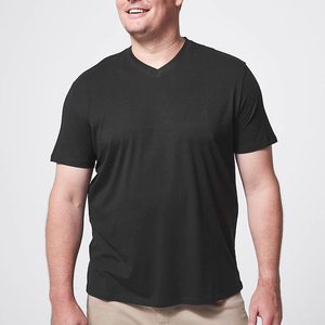 T-shirt à manches courtes col en V pour homme, 100% coton, coupe classique, couleur unie, jersey tricoté décontracté, noir - Product Image 1